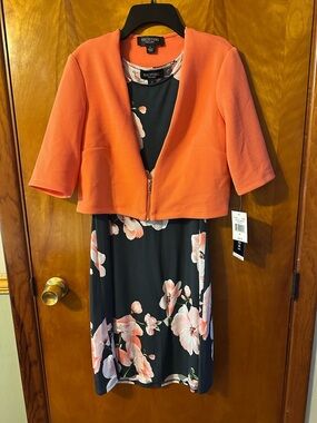 Perceptions Coral Jacket over Grey Floral Midi Dress